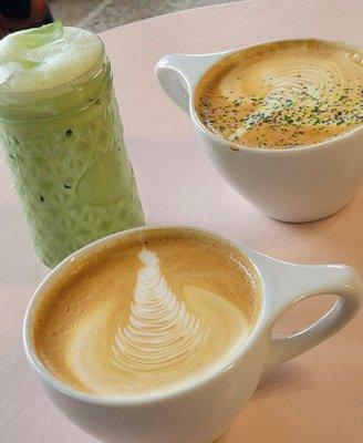 Matcha, lavender latte, kings cake latee