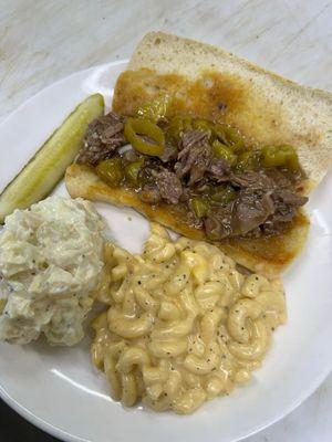 Italian beef, Mac & cheese, potato salad