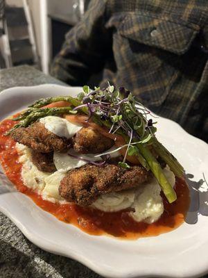 A breaded chicken dinner (I forget the name) w garlic mashed potatoes