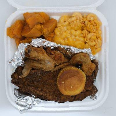 Fish & Wings Combo. Mac n' Cheese & candied yams sides