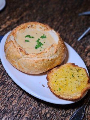 Clam chowder in a bread bowl