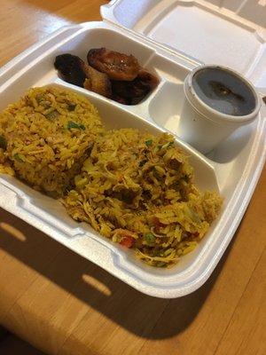 Arroz con pollo with sweet plantains and black beans