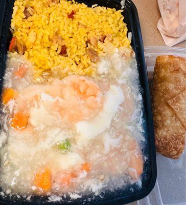 Combination plate. Shrimps with lobster sauce and pork fried rice comes with an egg roll.  Shrimps are large sized & very fresh.