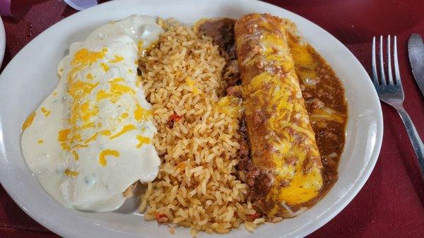 Chicken & Beef Enchilada topped with sourcream sauce & chili carne