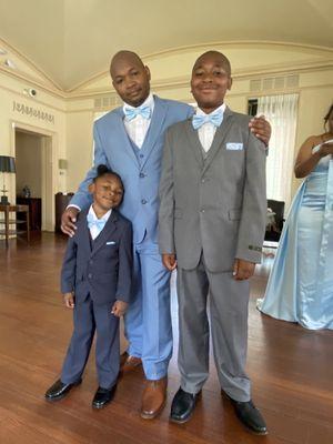 All suits provided by Tuxedo to Geaux. Mine (middle) special order. The kid's suits are for the groom's party.