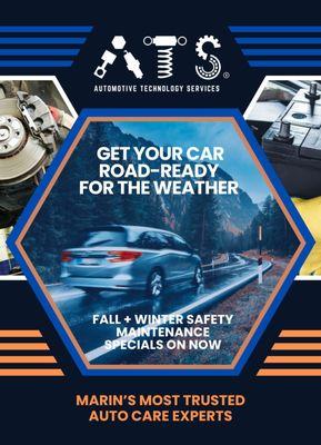 Get your car road-ready for the weather  : Fall + Winter Safety Maintenance Specials only at ATS