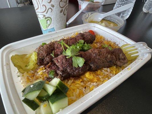 Iraqi Kabab over Saffron Rice w/ side of baba ghanouj and Iraqi Tea - 01.03.2023