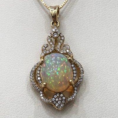 Natural Opal, Diamond, and 14KT Yellow Gold Pendant