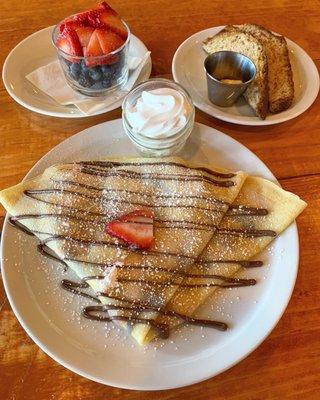 La Banana Split crepe, whole grain toast, mixed fruit