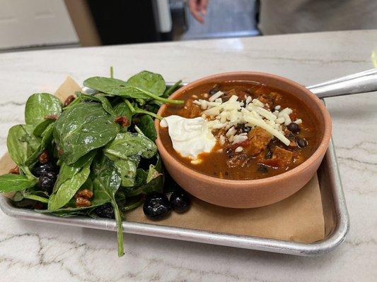 Chicken enchilada soup and mixed berry salad