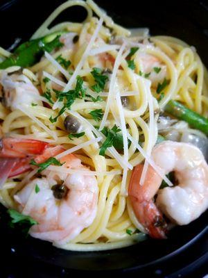 Pasta with white wine lemon caper sauce and shrimp