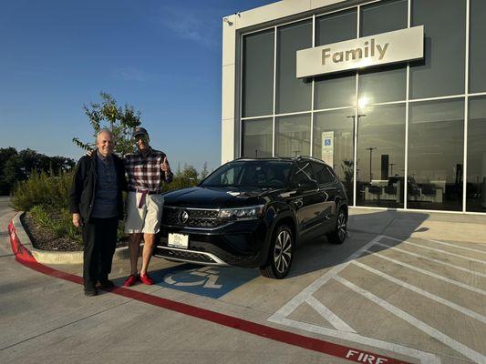 Dad and I driving away with his gorgeous 2023 VW Taos! We LOVED doing business with Family VW of Burleson. Best in the business!