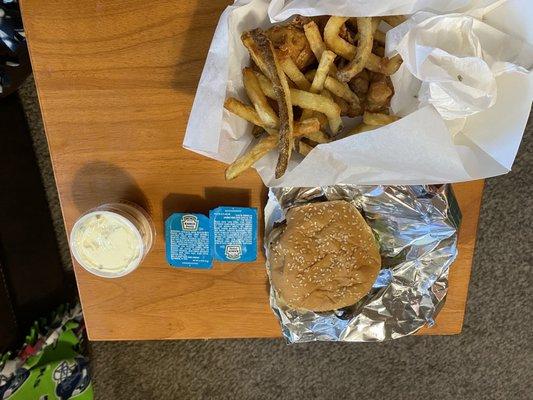 Mushroom burger with deep fried mushrooms and fries