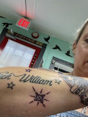 Updated my son's tattoos new Star on top and bottom of his "William" ONLY Don has done my kids tattoos!