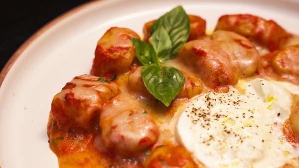 Gnocchi alla Sorrentina is a pillowy soft, ricotta filled gnocchi baked in a marinara sauce and topped with burrata.