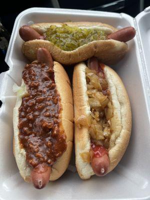 Chili dog, hot Italian, and mustard relish & ketchup dog!