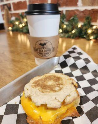 Egg and cheese breakfast sandwich + snowflake latte