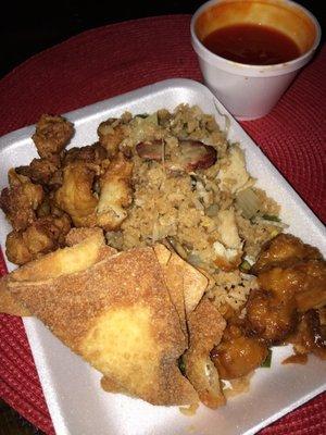 House fried rice, cream cheese wontons, orange chicken & sweet and sour pork