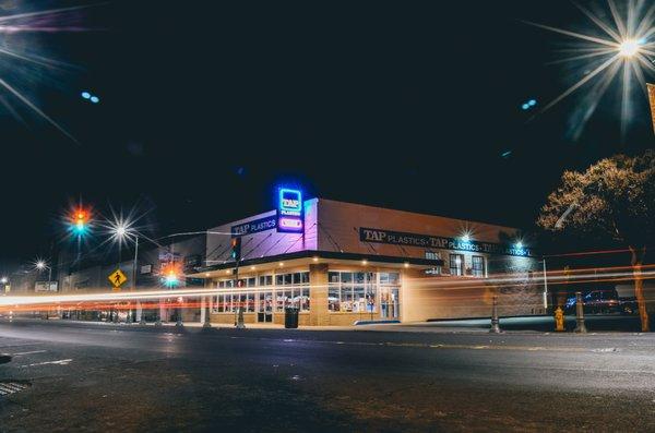 TAP Stockton store at night.