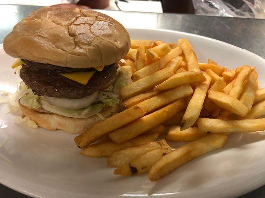 Our delicious double meat cheese burgers and fries!