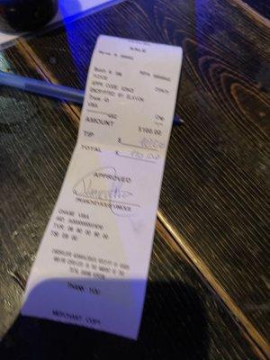 Original credit card slip filled out at restaurant