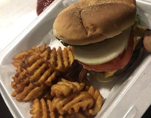 Bacon cheeseburger and waffle fries