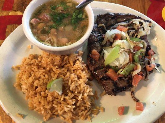 8oz Carne Asada with rice & charro beans.