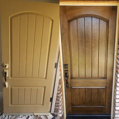 Gel stained Fiberglass door before and after.