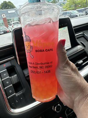 Watermelon fruit tea with mango popping boba