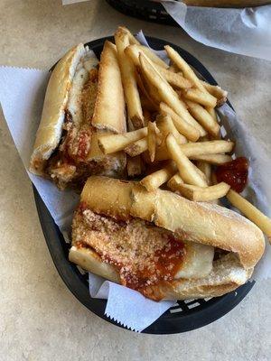 Eggplant Parmesan sub and fries