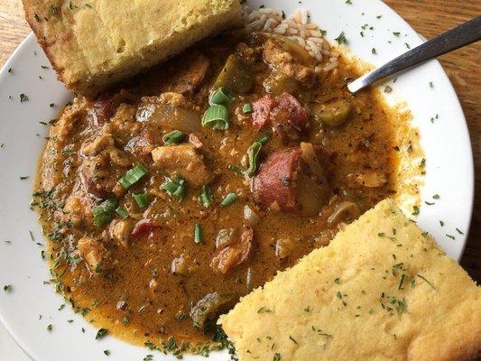 The gumbo bowl was incredibly satisfying and spiced up a dreary day.