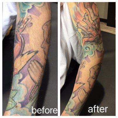 Before & After full arm wax. Skin is hair free, smooth and tattoos look more vibrant.