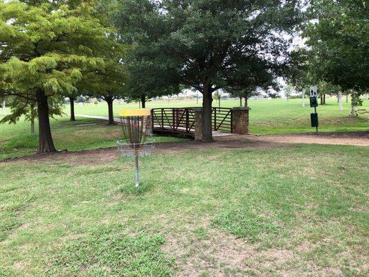 Hike and bike path with frisbee golf stand