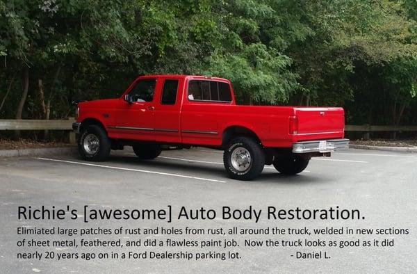 Richie did a full up HUGE rust repair and repaint on most of this truck.  Beautiful Job.  Looks like it belongs at a  90's Ford Dealer lot.