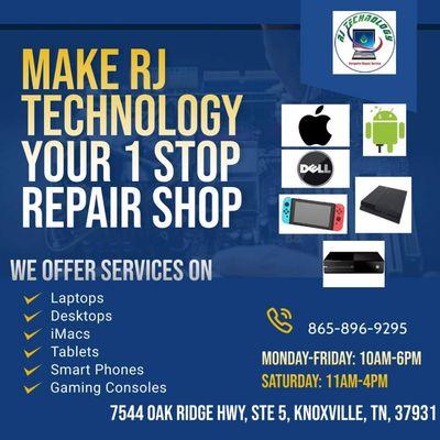 We repair PC, Mac, Laptops, Dekstops, Smartphones,Tablets, and Game Consoles for the prices in Knoxville!!!