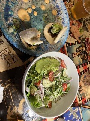 Pork belly bao buns (minus two bites) and house salad.