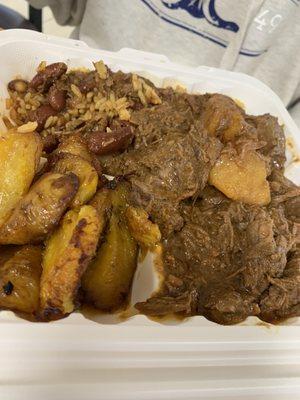 Arroz con Grandules, Stew Beef, Sweet Plantain