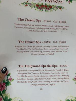 Spa pedicure menu