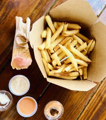 Fries, sauces, and bubble gum ice cream