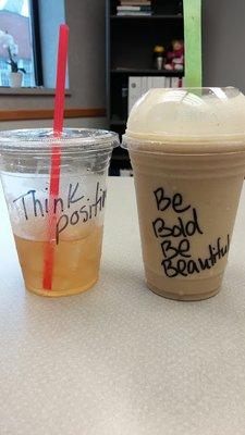 Delicious tea and smoothie with a bit of encouragement :)