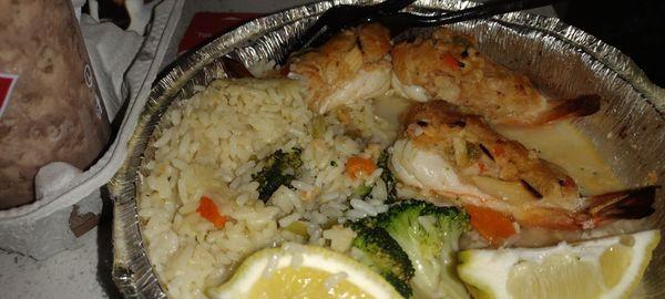 Stuffed shrimp and bad broccoli soaking in lemon juice