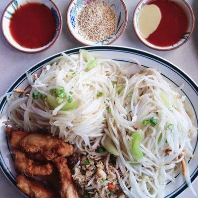 4 item combination dinner with veggie chow mein, veggie fried rice and sweet & sour chicken. Best chinese food around town!