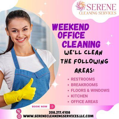 Weekend Office Cleaning! Keep your workspace fresh and spotless. Book your cleaning now and maintain a clean, productive office environment!