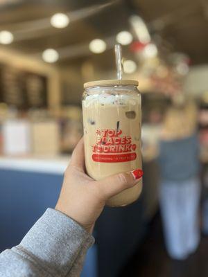 Iced Umber Mocha in Yelp glass cup