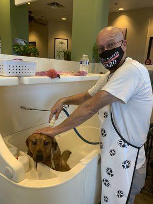 Enough room in the tub for our girl.  She's at ease when her parents bath her