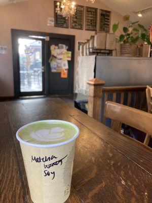 Unsweetened small matcha soy latte