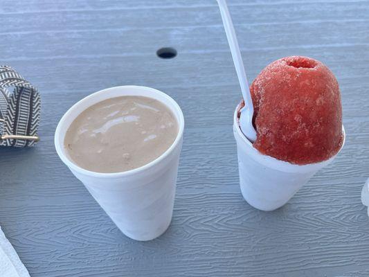 Chocolate milkshake and cherry shaved ice