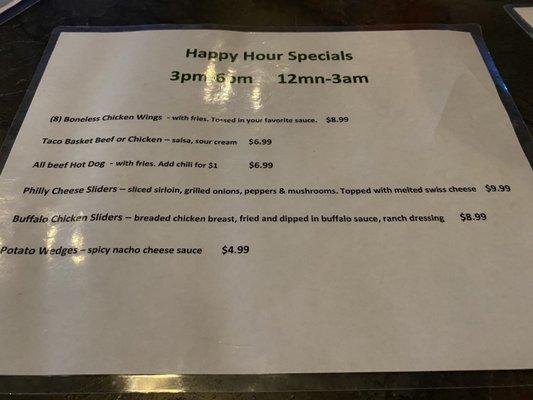 Menu - Happy Hour food (December 2022) 3p-6p and midnight-3a