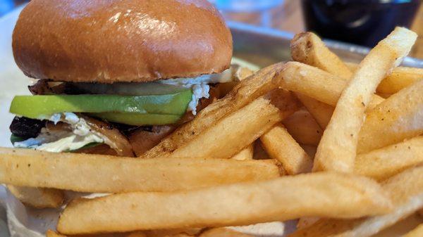 Portobello, Goat Cheese, Apple sandwich with fries