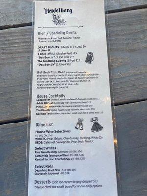 Menu - drinks and desserts.